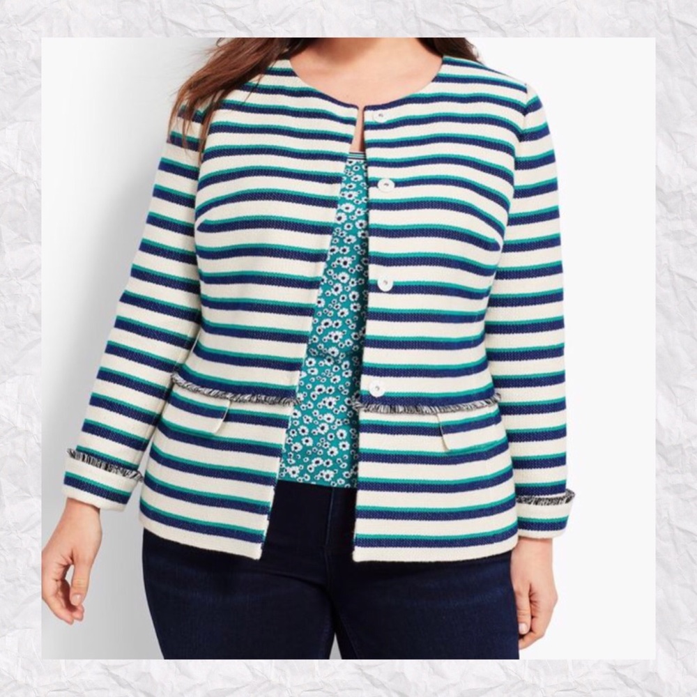 Talbots Tweed Striped Fringe Trim Blazer Jacket